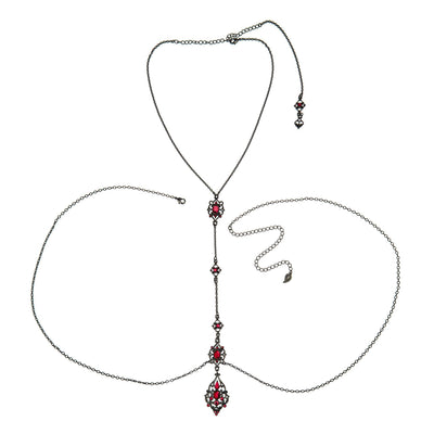 Victorian Body Necklace in gunmetal finish with Scarlet Red Swarovski crystal | Modern boho jewelry | Criscara