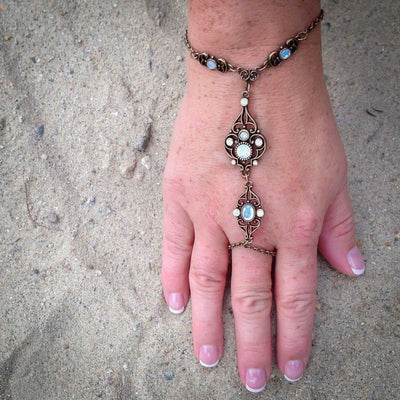 Art Deco Hand Chain in burnished brass finish with Opalite Swarovski crystal | Modern boho jewelry | Criscara